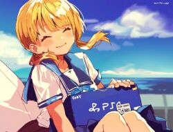 Rule 34 | 1boy, 1girl, ^ ^, artist name, back-to-back, belt, black belt, black pants, blonde hair, blue neckerchief, blue sailor collar, blue skirt, blue sky, box, closed eyes, closed mouth, cloud, commentary, game console, happy, highres, horizon, kuroda (kuro yyy), low twintails, makoto (kuroda (kuro yyy)), neckerchief, object on lap, ocean, original, pants, playstation 4, pleated skirt, price tag, sailor collar, school uniform, serafuku, shirt, short sleeves, signature, sitting, skirt, sky, smile, solo focus, twintails, white shirt