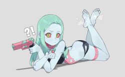 !? 1girl barefoot candy colored_sclera colored_skin cyberpunk_(series) cyberpunk_edgerunners eflo_(794753336) feet food full_body green_eyes green_hair grey_background gun handgun highres lollipop long_hair looking_at_viewer lying on_stomach rebecca_(cyberpunk) red_sclera soles steam the_pose toes weapon