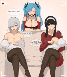 1futa 4girls after_vaginal aftersex akeno(itsnafulol) black_eyes black_hair blue_hair blush breast_sucking breastfeeding choker clothing_cutout couch crop_top dialogue_box fiona_frost futa_with_female futanari grey_hair hair_ornament hair_ribbon heart_cutout highres louisesait medium_hair mother_and_daughter multiple_girls netorare one_breast_out pantyhose purple_eyes recording red_sweater ribbon sitting smile spy_x_family sweater twintails yor_briar