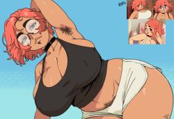 Rule 34 | 1girl, armpit hair, armpits, black choker, black shirt, blue background, borrowed character, breasts, choker, cleavage, crop top, dark-skinned female, dark skin, eyelashes, female focus, female pubic hair, glasses, half-closed eyes, hotcoco, huge breasts, maxine (balak), midriff, navel, original, pink hair, pubic hair, pubic hair peek, red hair, shirt, short hair, shorts, smile, solo, thick eyebrows, thick thighs, thighs, wide hips