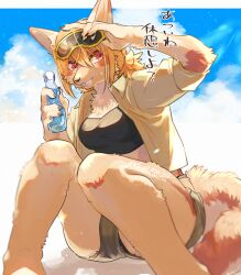 1girl aizawa_(nh_st) arm_up blonde_hair body_fur bottle claws cloud cloudy_sky commentary_request crop_top dog_girl feet_out_of_frame goggles goggles_on_head grin highres holding holding_bottle knees_up looking_at_viewer orange_eyes original outdoors ponytail ramune short_hair shorts sitting sky smile solo sweat tail translation_request yellow_fur