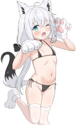 Rule 34 | 1girl, absurdres, ahoge, alternate breast size, animal ears, animal hands, bell, belt collar, bikini, black bikini, blue eyes, blush, collar, commentary request, fang, flat chest, fox ears, fox girl, fox tail, gloves, highres, hololive, jingle bell, long hair, micro bikini, navel, neck bell, norigure18, one eye closed, open mouth, paw gloves, paw shoes, red collar, shirakami fubuki, side-tie bikini bottom, simple background, skin fang, solo, string bikini, swimsuit, tail, thighhighs, virtual youtuber, white background, white hair, white thighhighs