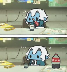 ... 1girl ? black_eyes black_necktie blue_skin chibi chibi_only colored_skin cup food highres horns looking_at_object necktie open_mouth pointy_ears shirt skin-covered_horns soda soda_bottle soukaku_(zenless_zone_zero) superappleman white_hair white_shirt zenless_zone_zero