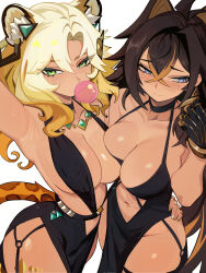 2girls alternate_costume animal_ear_fluff animal_ears armpits asymmetrical_docking averting_eyes black_dress black_hair blonde_hair blonde_streaks blowing_bubble_gum blue_eyes breast_press breasts cat_ears chewing_gum cleavage clothing_cutout collarbone crossed_bangs dehya_(genshin_impact) distr dress embarrassed genshin_impact gold_nails green_eyes hair_between_eyes halterneck highres hug jewelry large_breasts leopard_ears long_hair looking_at_viewer multicolored_hair multiple_girls navel_cutout necklace parted_bangs pelvic_curtain plunging_neckline streaked_hair very_long_hair white_nails xilonen_(genshin_impact)