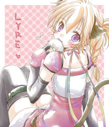 1girl animal_ears bad_id bad_pixiv_id blush braid cat_ears cat_tail death detached_sleeves facial_mark fangs fingerless_gloves fire_emblem fire_emblem:_radiant_dawn from_behind gloves hair_between_eyes hand_guard konataeru laguz_(race) looking_back lyre_(fire_emblem) mouse_(animal) mouth_hold nintendo outside_border pink_background purple_eyes tail thigh_strap thighhighs