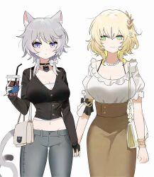 2girls aglaea_(honkai:_star_rail) alternate_costume animal_ear_fluff animal_ears bag bead_necklace beads black_cardigan black_choker blonde_hair blue_eyes bow breasts brown_skirt cardigan casual cat_ears cat_girl cat_tail choker cipher_(honkai:_star_rail) collarbone commentary_request cowboy_shot cup denim green_eyes hair_bow handbag high-waist_skirt highres holding holding_cup holding_hands honkai:_star_rail honkai_(series) hsk10107 interlocked_fingers jeans jewelry korean_commentary large_breasts midriff mole mole_on_collarbone multiple_girls navel necklace pants shirt short_hair simple_background skirt smile tail white_background white_bow white_hair white_shirt yuri