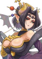 Rule 34 | 1girl, absurdres, bare shoulders, black eyes, black hair, black wings, breasts, cleavage, commission, demon girl, demon horns, demon wings, digimon, facial mark, forehead mark, hair between eyes, highres, horns, large breasts, lilithmon, multiple wings, pointy ears, simple background, skeb commission, solo, sujikobsujio, white background, wings