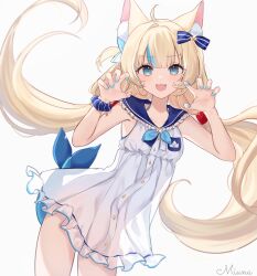 1girl :d absurdres ahoge animal_ear_fluff animal_ears artist_name blonde_hair blue_bow blue_eyes blue_hair blue_nails blue_streaks blush bow cat_ears cherriuna claw_pose commentary cowboy_shot dress fang fins fish_girl fish_tail hair_bow highres indie_virtual_youtuber innertube_hair_ornament lifebuoy_hair_ornament long_hair looking_at_viewer low_twintails multicolored_hair open_mouth paper_boat sameko_saba see-through_clothes simple_background skin_fang sleeveless smile solo streaked_hair symbol-only_commentary tail twintails very_long_hair virtual_youtuber white_background white_dress