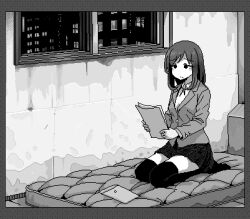 1girl blazer border box cardboard_box closed_mouth collared_shirt full_body greyscale hamsterfragment holding holding_paper indoors jacket jaggy_lines lapels long_sleeves lowres mattress medium_hair miniskirt monochrome neck_ribbon night no_shoes notched_lapels original over-kneehighs paper pleated_skirt reading ribbon school_uniform seiza shirt sitting skirt solo split_mouth suicidal_girl_(hamsterfragment) thighhighs window zettai_ryouiki
