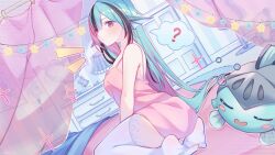 1girl ? aqua_hair armpit_crease babydoll bedroom black_hair blush bra bra_peek breasts character_doll commentary elira_pendora elira_pendora_(1st_costume) english_commentary finana_ryugu finana_ryugu_(jirai_kei) fins from_side hair_between_eyes head_fins highres lace lace-trimmed_thighhighs lace_trim long_hair looking_at_viewer mu_ank multicolored_hair nijisanji nijisanji_en notice_lines on_bed pink_babydoll pink_hair purple_eyes ryuguard_(finana_ryugu) scales sitting small_breasts solo_focus squeans streaked_hair thighhighs thighs underwear variant_set very_long_hair virtual_youtuber wariza white_thighhighs