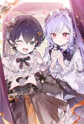 Rule 34 | 0202ase, 2girls, absurdres, ahoge, alternate costume, bare shoulders, belle (zenless zone zero), black choker, black dress, black hair, black hairband, black ribbon, blush, bow, choker, collar, dress, frilled dress, frills, green eyes, grey bow, hair between eyes, hair bow, hairband, highres, lolita hairband, long hair, looking at another, multiple girls, one eye closed, open mouth, own hands together, purple hair, purple ribbon, red eyes, ribbon, short hair, sidelocks, vivian banshee, white collar, white dress, zenless zone zero