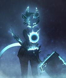 1girl absurdres black_hair blue_horns critnuke crystal_shards ethereal_(zenless_zone_zero) glowing hand_on_weapon highres horns monster skirt soukaku_(zenless_zone_zero) weapon zenless_zone_zero