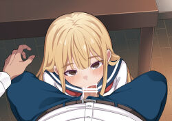 1boy 1girl bar_censor blonde_hair blue_pants blue_sailor_collar brown_eyes censored commentary_request fellatio hammer_(sunset_beach) hetero long_hair looking_at_viewer oral original pants penis pov sailor_collar school_uniform serafuku shirt white_shirt