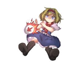 1girl algodoo alice_margatroid arrow_(symbol) black_boots blonde_hair blue_dress blue_eyes boots capelet closed_mouth commentary_request cookie_(touhou) dress frilled_hairband frills full_body hairband highres ichigo_(cookie) lace-up_boots looking_at_viewer nanariku neckerchief red_hairband red_neckerchief red_sash sash short_hair short_sleeves simple_background solo touhou v-shaped_eyebrows white_background white_capelet