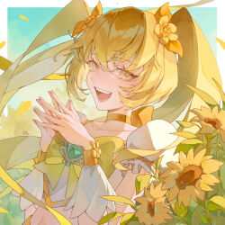 1girl :d absurdres blonde_hair border bow bowtie choker collarbone commentary cropped_shirt cure_sunshine falling_petals fingernails floating_hair flower foliage frilled_sleeves frills gradient_background green_background green_brooch hair_between_eyes hair_flower hair_ornament hands_up heartcatch_precure! highres long_hair looking_at_viewer magical_girl midriff myoudouin_itsuki open_mouth outside_border petals precure puffy_short_sleeves puffy_sleeves sedith_cd shirt short_sleeves sidelighting sideways_glance sleeve_cuffs smile solo steepled_fingers sunflower teeth twintails upper_body very_long_hair white_border white_shirt wrist_flower yellow_bow yellow_bowtie yellow_choker yellow_eyes yellow_flower