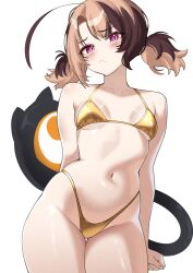 1girl absurdres ahoge alternate_costume arm_behind_back bikini breasts brown_hair cowboy_shot gigi_murin gold_bikini golden_week highleg highleg_bikini highres hololive hololive_english looking_at_viewer navel pink_eyes rainenleaf short_hair short_twintails simple_background small_breasts solo stomach swimsuit tail thigh_gap twintails virtual_youtuber white_background