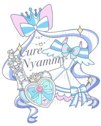 aqua_bow aqua_bowtie blue_bow blue_crown blue_sleeves bow bowtie brooch character_name clothes_only crown cure_nyammy dress dress_bow feather-trimmed_sleeves frilled_dress frilled_sleeves frills hair_bow heart heart_brooch highres jewelry large_bow magical_girl mimimi96333 mini_crown no_humans pink_bow precure shiny_cats_pact short_dress short_hair simple_background single_stripe sparkle strap striped_bow striped_bowtie striped_clothes twitter_username wand watermark white_background white_bow white_dress wonderful_precure!