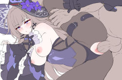1boy 1girl blush bodystocking boots breasts brown_hair censored clitoris clothed_sex commentary daram_(shappydude) dark-skinned_male dark_skin detached_sleeves female_orgasm flower hair_intakes hat hat_flower herta_(honkai:_star_rail) hetero highres honkai:_star_rail honkai_(series) large_breasts leg_grab leg_up long_hair lying mosaic_censoring nipples on_side open_mouth orgasm penis purple_eyes pussy sex sex_from_behind spooning sweat the_herta_(honkai:_star_rail) torogao unfinished vaginal white_background witch_hat