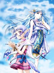 2girls blue_eyes blue_hair bow_(weapon) breasts collarbone dress holding holding_bow_(weapon) holding_weapon isha_(ys) jewelry long_hair mikage_nao multiple_girls necklace official_art olha_(ys) pointy_ears purple_eyes short_hair siblings sisters skirt smile weapon ys ys_vi:_the_ark_of_napishtim