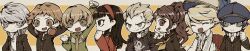 4boys 4girls ^_^ absurdres akekawa1536 amagi_yukiko arm_up arms_behind_head badge black_hair black_jacket black_sailor_collar blonde_hair blue_hair blue_hat blunt_bangs brown_eyes brown_hair button_badge newsboy_cap clenched_hands closed_eyes closed_mouth collared_shirt frilled_shirt frills green_jacket grey_eyes grey_hair hair_between_eyes hair_slicked_back hairband hanamura_yousuke hat headphones headphones_around_neck highres houndstooth jacket jacket_on_shoulders jewelry kujikawa_rise kuma_(persona_4) lapels layered_sleeves long_image long_sleeves multiple_boys multiple_girls narukami_yu neckerchief necklace open_clothes open_collar open_jacket open_mouth persona persona_4 popped_collar print_shirt red_hairband red_shirt sailor_collar satonaka_chie scar scar_on_face scar_on_forehead school_uniform shirogane_naoto shirt short_hair side-by-side sideways_mouth skull_print smile swept_bangs tatsumi_kanji tongue triangle_mouth twintails unzipped v-shaped_eyebrows white_shirt wide_image widow&#039;s_peak wing_collar yasogami_school_uniform yellow_neckerchief zipper zipper_pull_tab