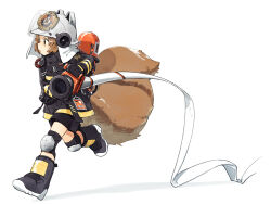 1girl animal_ears_helmet animal_helmet arknights black_boots black_gloves black_shorts boots brown_eyes brown_hair commentary_request fire_helmet firefighter firefighter_jacket full_body gloves holding holding_hose hose jacket knee_pads long_sleeves nakatani_nio open_mouth oxygen_tank radio red_jacket shaw_(arknights) short_hair shorts simple_background solo squirrel_girl squirrel_tail tail white_background