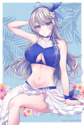 1girl ahoge aqua_background bikini blue_bikini blue_hairband blush border breasts cleavage_cutout clothing_cutout dated flower grey_eyes grey_hair hair_between_eyes hair_flower hair_ornament hairband highres kabocha_torute kantai_collection large_breasts long_hair looking_at_viewer navel official_alternate_costume sarong sitting solo swimsuit twitter_username washington_(kancolle) washington_(swimsuit)_(kancolle) washington_kai_(kancolle) white_border white_sarong