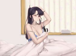 Rule 34 | 1girl, arm up, bed, bed sheet, black eyes, black hair, blue nightgown, breasts, cleavage, curtains, dismaiden, highres, indoors, komi-san wa komyushou desu, komi shouko, large breasts, long hair, messy hair, nightgown, on bed, one eye closed, pillow, solo, strap slip, tissue box, waking up