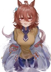 1girl absurdres agnes_tachyon_(umamusume) ahoge animal_ears black_necktie black_pantyhose black_shirt breasts brown_hair chemical_structure coat collared_shirt earrings hair_between_eyes highres horse_ears horse_girl huge_ahoge jewelry lab_coat medium_breasts medium_hair necktie open_clothes open_coat pantyhose parted_lips red_eyes shirt short_necktie simple_background single_earring smile solo sweater test_tube tonariuta umamusume white_background white_coat yellow_sweater