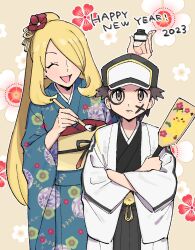 1boy 1girl 2023 ^_^ adapted_costume baseball_cap black_kimono blonde_hair blue_kimono blush brown_eyes brown_hair closed_eyes commentary_request creatures_(company) crossed_arms cynthia_(pokemon) facepaint floral_print flower frown game_freak gen_1_pokemon hagoita hair_flower hair_ornament hair_over_one_eye hanetsuki haori happy_new_year hat highres holding holding_paddle holding_paintbrush inkwell jacket japanese_clothes kimono laughing long_hair long_sleeves looking_at_viewer new_year nintendo obi obiage obijime one_eye_covered open_clothes open_jacket open_mouth paddle paintbrush parted_bangs pikachu pokemon pokemon_dppt pokemon_masters_ex ponytail print_kimono pumpkinpan red_(pokemon) red_(sygna_suit)_(thunderbolt)_(pokemon) red_flower sash short_hair sidelocks smile standing swept_bangs white_jacket wide_sleeves yellow_sash