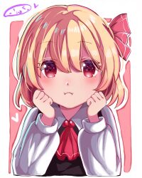 1girl ascot black_vest blonde_hair blush border clenched_hands closed_mouth collared_shirt commentary_request hair_between_eyes hair_ribbon hands_on_own_face hands_up heart highres long_sleeves looking_at_viewer minchia_(wncm5544) pink_background puffy_long_sleeves puffy_sleeves red_ascot red_eyes red_ribbon ribbon rumia shadow shirt short_hair simple_background solo touhou upper_body vest white_border white_shirt