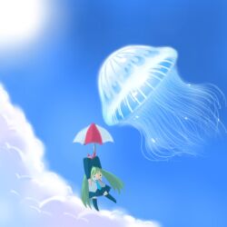 1girl ant_ten black_skirt blue_necktie cloud commentary_request detached_sleeves falling flying_animal green_hair grey_shirt hatsune_miku jellyfish necktie no_mouth shirt skirt solid_circle_eyes striped_umbrella sun twintails umbrella vocaloid
