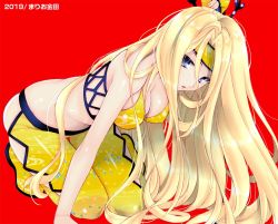 1girl asymmetrical_arms bare_arms blonde_hair blue_eyes boots bra breasts celes_chere cleavage clothing_cutout final_fantasy final_fantasy_vi fingerless_gloves full_body gloves holding holding_weapon kneeling large_breasts leaning_forward long_hair looking_at_viewer mario_kaneda midriff pants parted_bangs parted_lips red_background redrawn solo square_enix underwear weapon yellow_boots yellow_bra yellow_headwear yellow_legwear yellow_pants