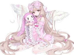 1girl absurdres android angel_wings atashi_(chobits) bare_shoulders blonde_hair blush bow chii chobits detached_sleeves dress feathered_wings frills hair_bow hair_spread_out hair_tubes highres lolita_fashion long_hair long_sleeves looking_at_viewer mika_030 persocom_(chobits) pink_bow pink_dress ribbon robot_ears simple_background sitting thighhighs very_long_hair white_background white_wings wings