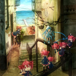 &gt;_&lt; 6+girls ahoge akaza_akari alley blue_eyes blue_hair blush boat building clone crossover detached_sleeves dress drill_hair ikamusume kasane_teto kasane_teto_(utau) matching_hair/eyes mini_person minigirl multiple_girls multiple_persona ocean pier railing red_eyes red_hair same_2009 scenery shinryaku!_ikamusume stairs tentacle_hair tentacles thighhighs transparent utau watercraft when_you_see_it yuruyuri zettai_ryouiki