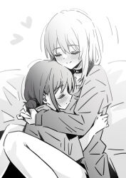 2girls blush choker closed_eyes closed_mouth commentary girls_band_cry greyscale heart highres hug iseri_nina kawaragi_momoka long_hair long_sleeves low_twintails lwmina70119 monochrome multiple_girls shirt short_hair short_twintails three-quarter_sleeves twintails yuri