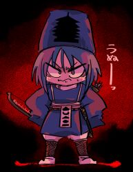 1other androgynous angry aodo_mikan baggy_pants black_background blue_hair blue_hat closed_mouth commentary_request fog frown full_body furrowed_brow hands_on_own_hips hat highres japanese_clothes kariginu kashiwagi_kaoru len&#039;en long_sleeves other_focus outline pagoda pants purple_eyes red_outline shirt shoes short_hair sleeves_past_fingers sleeves_past_wrists solo sweatdrop tate_eboshi translation_request v-shaped_eyebrows white_pants white_shirt white_shoes wide_sleeves