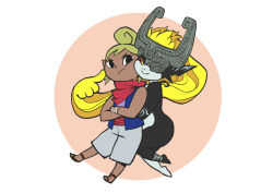 2girls absurdres blonde_hair cheek-to-cheek cheek_poking colored_sclera company_connection crossed_arms crossover dark-skinned_female dark_skin fang heads_together helmet highres hug hug_from_behind midna multiple_girls neckerchief nintendo pointy_ears poking pokkuti pout prehensile_hair red_eyes shorts simple_background tetra the_legend_of_zelda the_legend_of_zelda:_the_wind_waker the_legend_of_zelda:_twilight_princess vest yellow_sclera