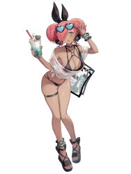 Rule 34 | 1girl, ankle scrunchie, aqua nails, bikini, black bikini, black bow, black choker, black flower, black sandals, bottle, bow, breasts, choker, cleavage, commentary request, cup, dark-skinned female, dark skin, disposable cup, double bun, drawstring, eyewear on head, flower, food, footwear bow, full body, glasses, gluteal fold, hair bow, hair bun, hair flower, hair ornament, hair over one eye, heart, heart-shaped eyewear, holding, holding cup, ice cream, light blush, looking at viewer, medium breasts, mole, mole under eye, nail polish, o-ring, o-ring bikini, official art, opaque glasses, parted lips, pendant choker, pink hair, sandals, scrunchie, see-through bag, see-through clothes, see-through shirt, shiba wars, shirt, short hair, siiqa vivi, simple background, solo, swimsuit, tachi-e, thigh strap, tied shirt, toenail polish, toenails, water bottle, white background, white shirt, wrist scrunchie, yellow eyes