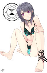 Rule 34 | 1girl, ankle lace-up, arm support, ayase (ayasegiken), barefoot, black hair, blush, bow, bow bra, bra, breasts, cameltoe, choker, cleavage, crotch, feet, female focus, grey hair, highres, lace, lace-trimmed bra, lace-trimmed panties, lace bra, lace panties, lace trim, legs, lingerie, looking at viewer, navel, open mouth, original, panties, purple eyes, ribbon, side-tie panties, simple background, sitting, solo, spread legs, toes, underwear, underwear only