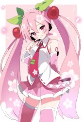 Rule 34 | 1girl, absurdres, arm behind back, bare shoulders, blush, border, cherry blossom print, cherry blossoms, cherry hair ornament, closed mouth, collared shirt, cowboy shot, detached sleeves, floral print, food-themed hair ornament, hair between eyes, hair ornament, hatsune miku, head tilt, headphones, headset, highres, hutaba haru, long hair, long sleeves, looking at viewer, microphone, miniskirt, necktie, number tattoo, petals, pink background, pink eyes, pink hair, pink necktie, pink skirt, pink sleeves, pink theme, pink thighhighs, pleated skirt, red necktie, sakura miku, shirt, skirt, sleeveless, sleeveless shirt, smile, solo, tattoo, thighhighs, tie clip, twintails, very long hair, vocaloid, white border, white shirt, wide sleeves, zettai ryouiki