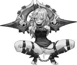 Rule 34 | 1girl, absurdres, bdsm, belt, bondage, bound, breasts, briar (league of legends), chen zi, cum, cum in pussy, cumdrip, double v, female focus, full body, greyscale, hair between eyes, highres, league of legends, long hair, looking at viewer, monochrome, pointy ears, sharp teeth, sidelocks, simple background, small breasts, smile, solo, squatting, teeth, toeless footwear, toenails, toes, v, vampire, wrist cuffs