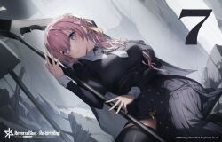 1girl black_dress black_thighhighs blonde_hair braid breasts character_request closed_mouth copyright_name copyright_notice dress genyaky holding holding_weapon large_breasts logo long_hair long_sleeves multicolored_hair necktie numbered o-ring official_art pink_hair pleated_dress purple_eyes reverseblue_x_re-birthend second-party_source smile solo streaked_hair studded thighhighs weapon white_necktie