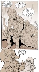2boys :d animal armor blush bracer braid breastplate brothers cat elden_ring elden_ring:_shadow_of_the_erdtree fake_horns full_body gloves godfrey_first_elden_lord greaves greyscale hand_up heart helmet highres horned_helmet horns long_hair male_focus miquella_(elden_ring) monochrome multiple_boys my_little_pony open_mouth pauldrons profile promised_consort_radahn radagon_of_the_golden_order robe serosh_(elden_ring) short_sleeves shoulder_armor siblings sitting smile sparkling_eyes speech_bubble spoilers tworain_w very_long_hair white_background
