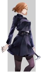 1girl black_jacket black_pantyhose black_skirt brown_hair closed_mouth cowboy_shot hammer highres holding holding_hammer holding_nail jacket jujutsu_kaisen kugisaki_nobara long_sleeves looking_away nail nail_(hardware) pantyhose profile school_uniform short_hair skirt smile solo standing tntnsososo