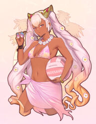 1girl adjusting_eyewear alternate_costume artist_name ball bare_shoulders beach_volleyball bikini breasts cleavage closed_mouth collarbone dark-skinned_female dark_skin female_focus fire_emblem fire_emblem_heroes floral_print_bikini flower flower_necklace gradient_hair hair_flower hair_ornament holding holding_sunglasses jewelry laevatein_(fire_emblem) lei long_hair looking_at_viewer meziosaur multicolored_hair navel necklace nintendo orange_hair pink_bikini pink_hair pink_sarong red_eyes sarong sideboob small_breasts solo stomach sunglasses sunglasses_removed swimsuit twintails very_long_hair volleyball_(object)