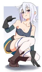Rule 34 | 1girl, bare shoulders, black gloves, blush stickers, boots, breasts, brown boots, chris (konosuba), closed mouth, collarbone, commentary, full body, gloves, gradient background, grey sports bra, highres, kono subarashii sekai ni shukufuku wo!, layered gloves, looking at viewer, noyama takenoko, pointing, pointing at self, purple eyes, shadow, short hair, shorts under shorts, simple background, single strap, small breasts, smile, solo, sports bra, squatting, thighhighs, thumbs up, turning head, white hair, white thighhighs