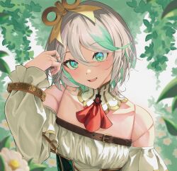 1girl absurdres cecilia_immergreen cecilia_immergreen_(1st_costume) colored_inner_hair detached_collar detached_sleeves doll_joints dress foliage green_eyes green_hair grey_hair highres hololive hololive_english joints mack_(13mcqn) multicolored_hair strapless strapless_dress virtual_youtuber winding_key