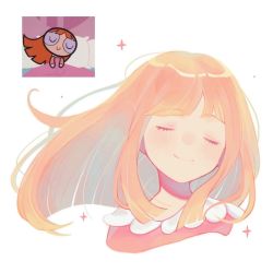 Rule 34 | 1girl, blossom (ppg), blunt ends, buttercup redraw challenge (meme), derivative work, highres, long hair, meme, orange hair, pajamas, paki2000, pink pajamas, portrait, powerpuff girls, reference inset, screenshot inset, screenshot redraw, shadow, simple background, solo, sparkle, white background