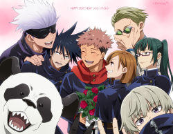 2girls 5boys :d ^_^ adjusting_eyewear animal black_eyes black_hair black_jacket blindfold blonde_hair bouquet brown_hair closed_eyes closed_mouth covered_eyes covered_mouth dated facial_mark flower fushiguro_megumi gakuran glasses gojou_satoru green_hair grin hand_on_another&#039;s_shoulder hand_up happy_birthday high_ponytail highres holding holding_bouquet hood hood_down hoodie inumaki_toge itadori_yuuji jacket jujutsu_kaisen kugisaki_nobara kurimilove multiple_boys multiple_girls nanami_kento open_mouth panda panda_(jujutsu_kaisen) pink_background pink_hair ponytail profile purple_eyes red_hoodie round_eyewear school_uniform short_hair smile spiked_hair sunglasses sweatdrop teeth undercut upper_body v white_hair zen&#039;in_maki