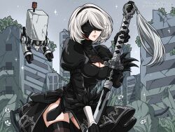 Rule 34 | 1girl, 2b (nier:automata), artist name, black dress, black gloves, black hairband, black thighhighs, blindfold, bob cut, breasts, city, cleavage, cleavage cutout, clothing cutout, cowboy shot, dress, faux retro artstyle, gloves, grey hair, hair over one eye, hairband, highres, holding, holding sword, holding weapon, juliet sleeves, long sleeves, medium breasts, mole, mole under mouth, mroczniak (gloomy chuu), nier:automata, nier (series), panties, pod (nier:automata), puffy sleeves, retro artstyle, robot, ruins, short hair, side slit, sword, thighhighs, turtleneck, turtleneck dress, underwear, weapon, white panties
